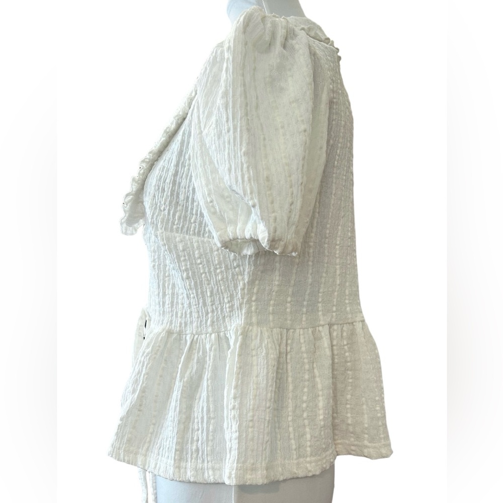 TAES Cottagecore Romantic White Peplum Blouse Peter Pan Collar Tie Front Small - Picture 3 of 10